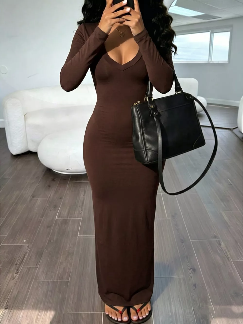 Long Sleeve V-Neck Ruched Maxi Dress