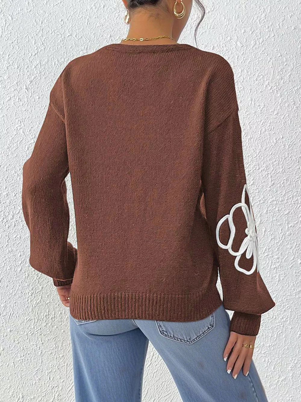 Flower V-Neck Dropped Shoulder Sweater, image 14