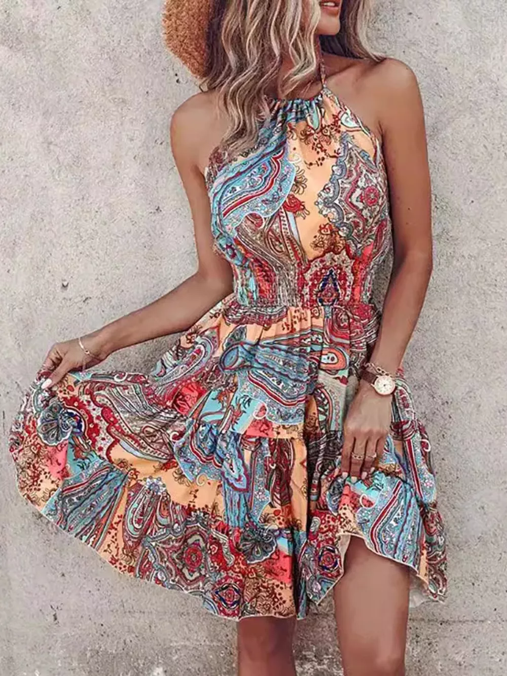 Bohemian Printed Halter Mini Dress, image 3