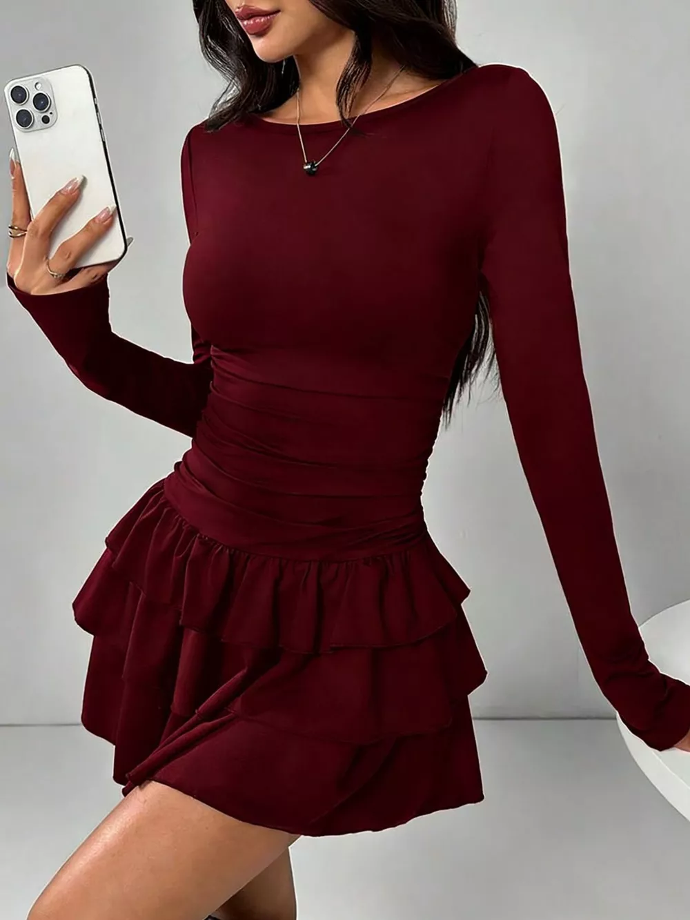 Ruched Long Sleeve Layered Ruffle Mini Dress, image 17