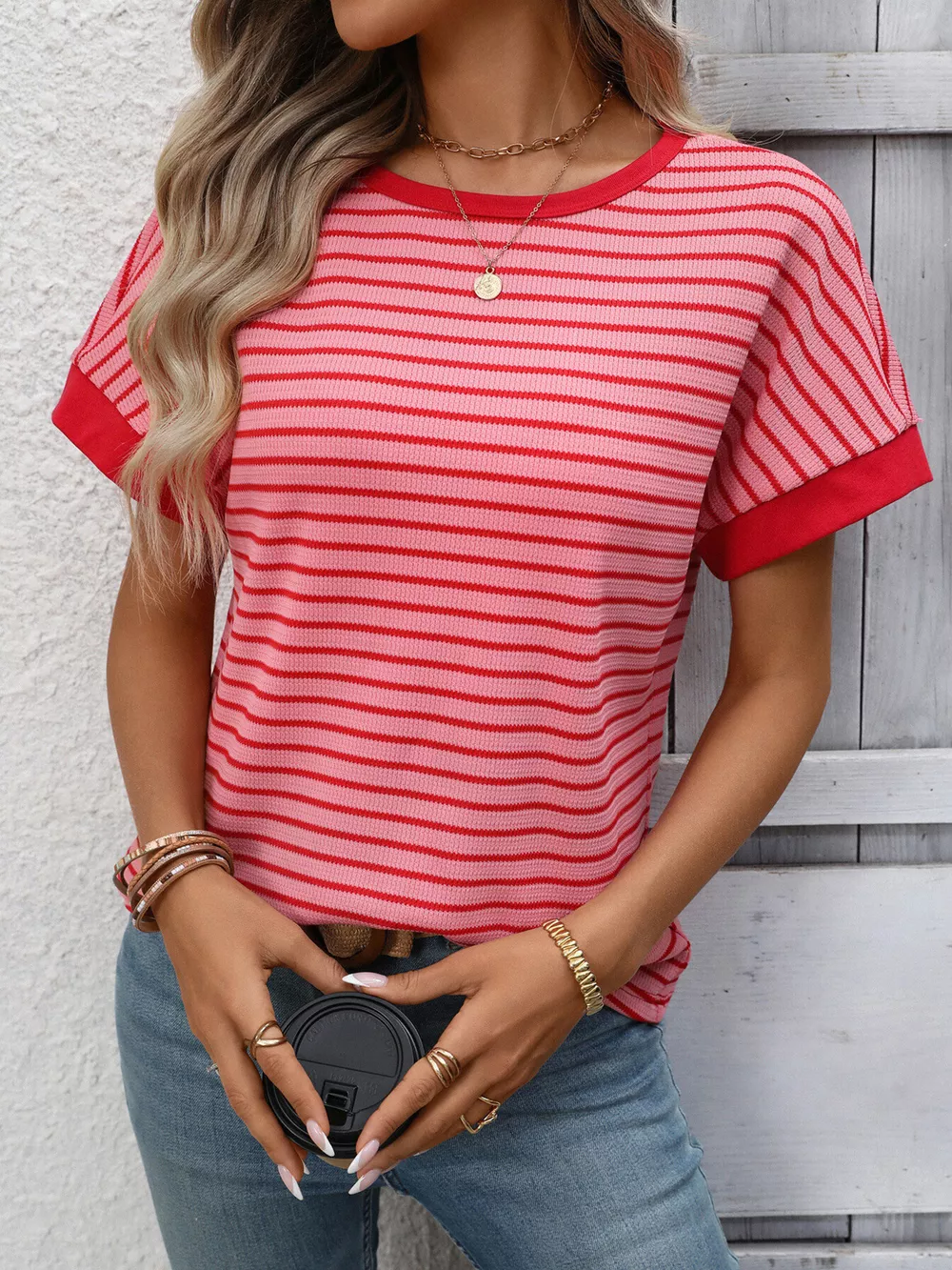 Striped Ribbed Knit Short Sleeve T-Shirt, image 10