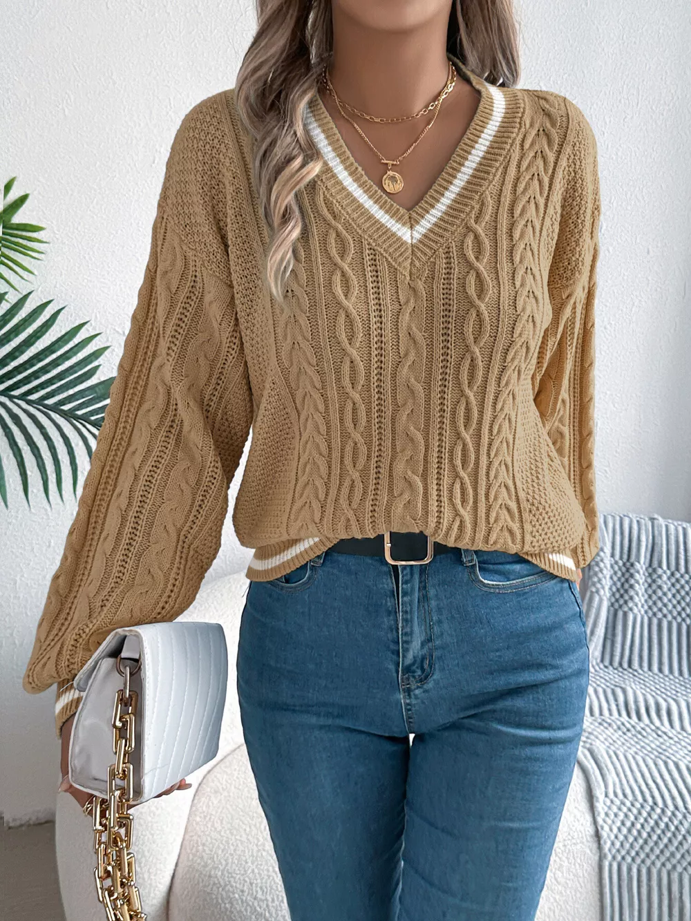Cable Knit V-Neck Long Sleeve Sweater, image 11