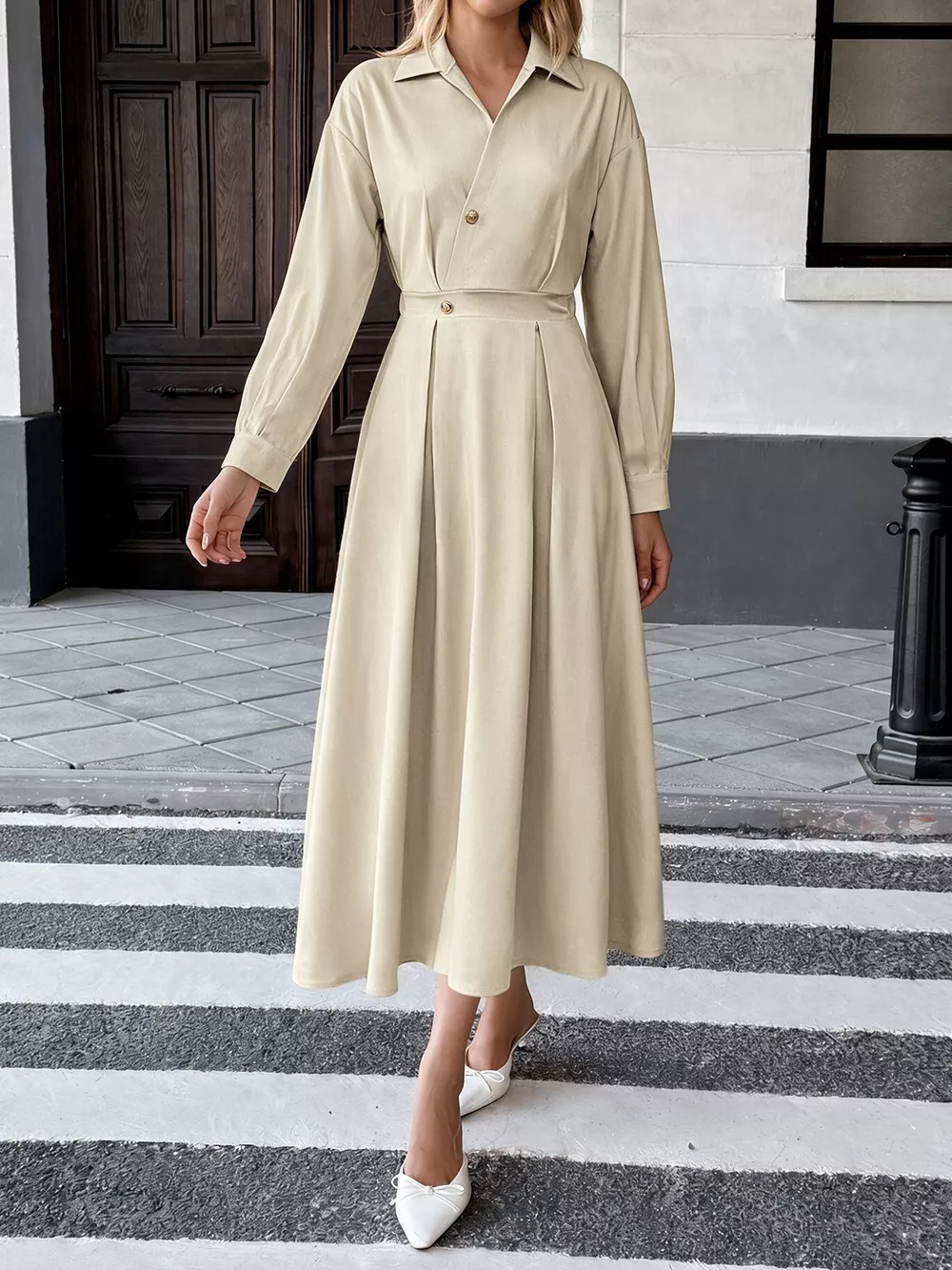 Pleated Button Detail Long Sleeve Shirt Dress, image 5