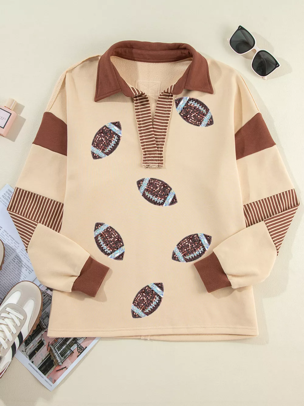Color Block Striped Patchwork Sequin Rugby Graphic Polo Sweatshirt, image 8