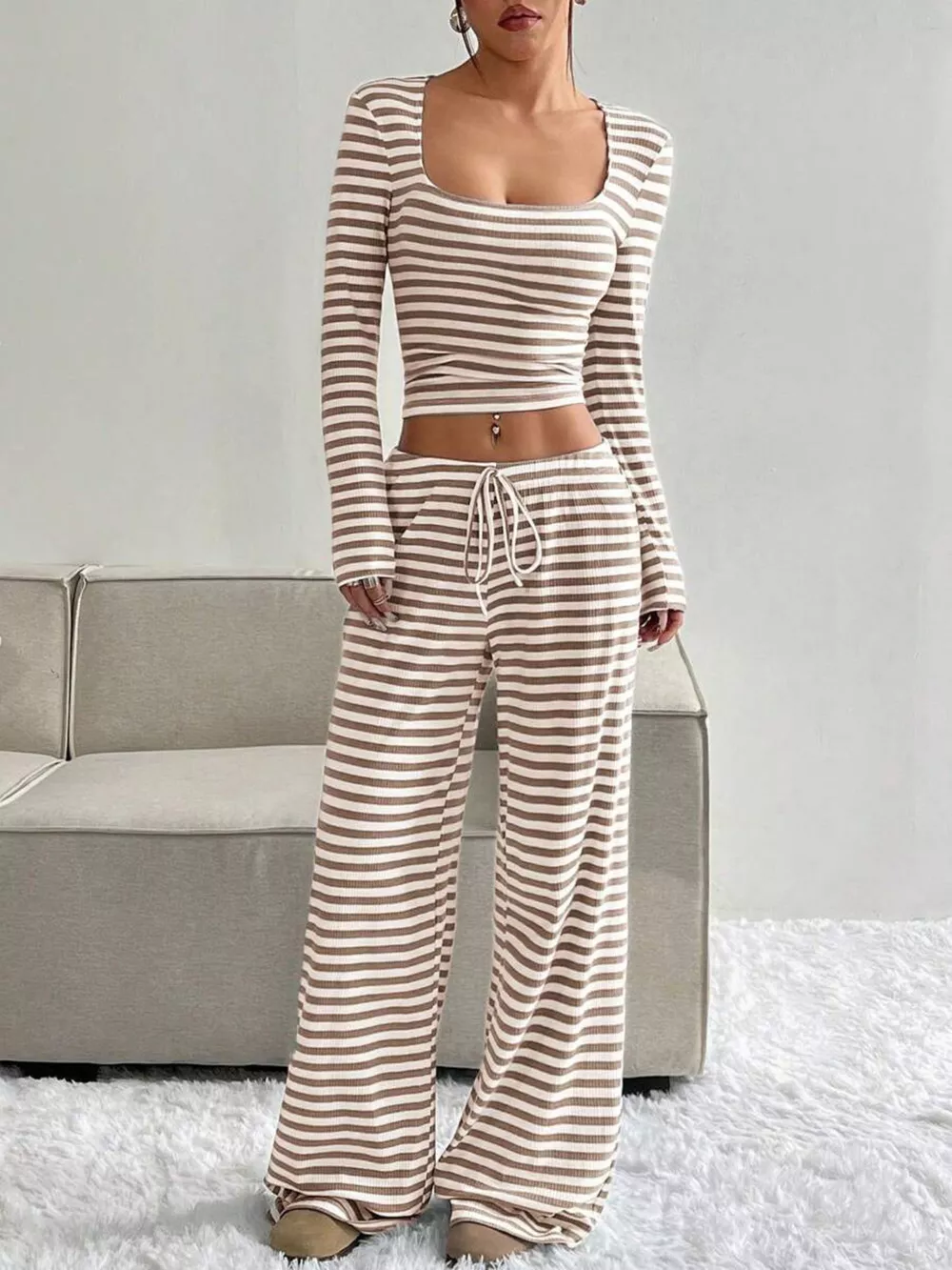 Striped Long Sleeve Crop Top and Wide Leg Pants Set, image 13