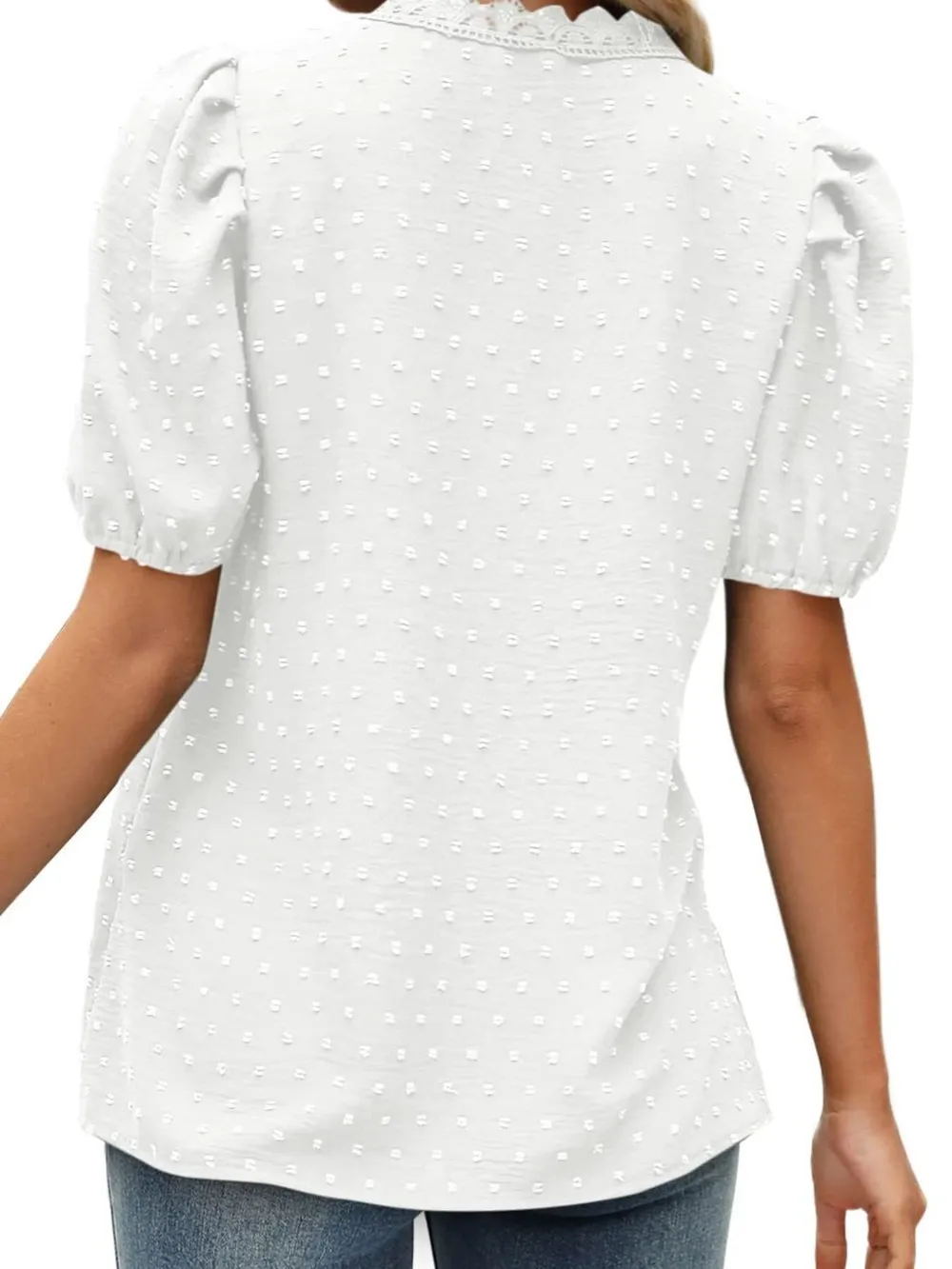 Puff Sleeve Swiss Dot Lace Trim Blouse, image 8