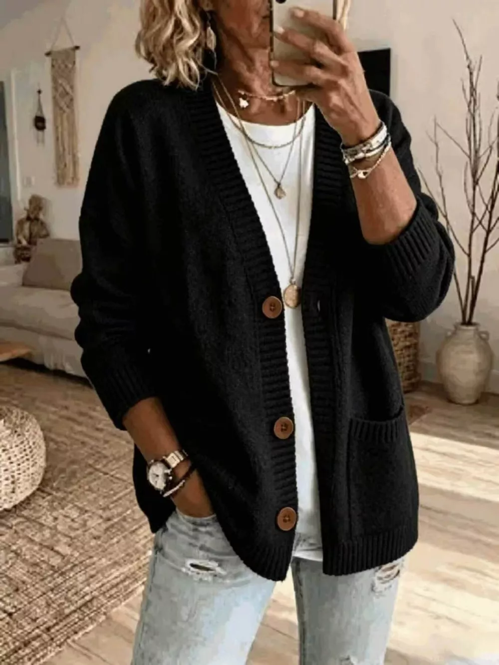 Casual V-Neck Button-Down Knit Cardigan with Pockets, image 7