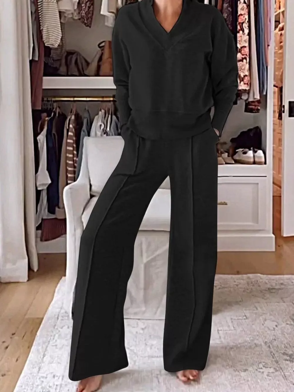Full Size Cozy V-Neck Top and Pants Set Plus Size