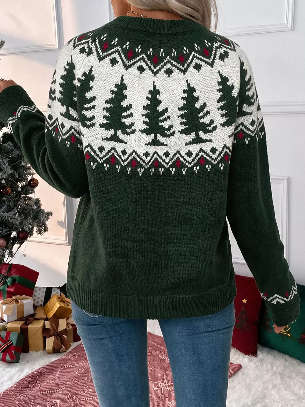 Christmas Tree Pattern Round Neck Sweater, image 7
