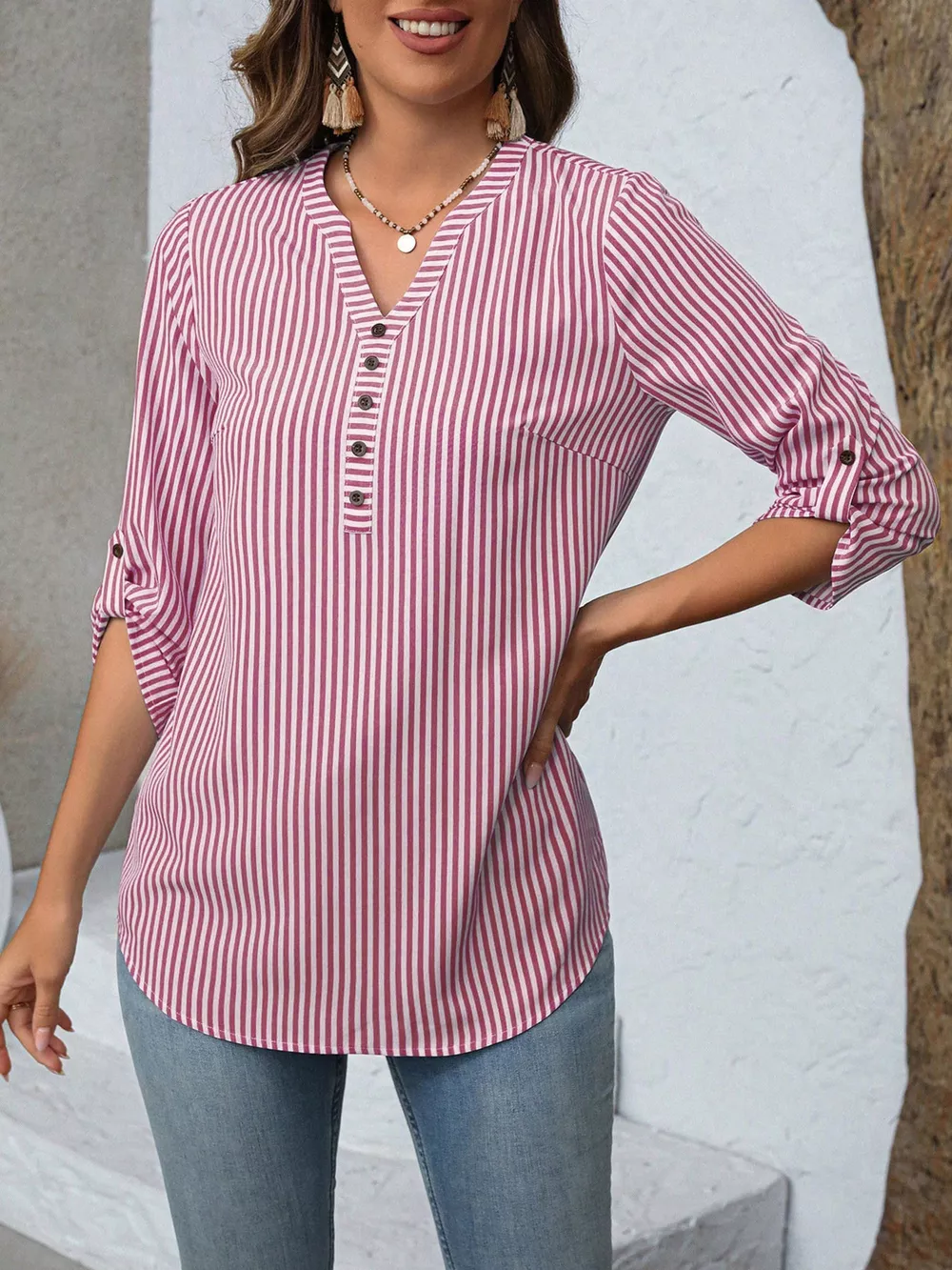 Striped V-Neck Roll-Up Sleeve Blouse, image 18