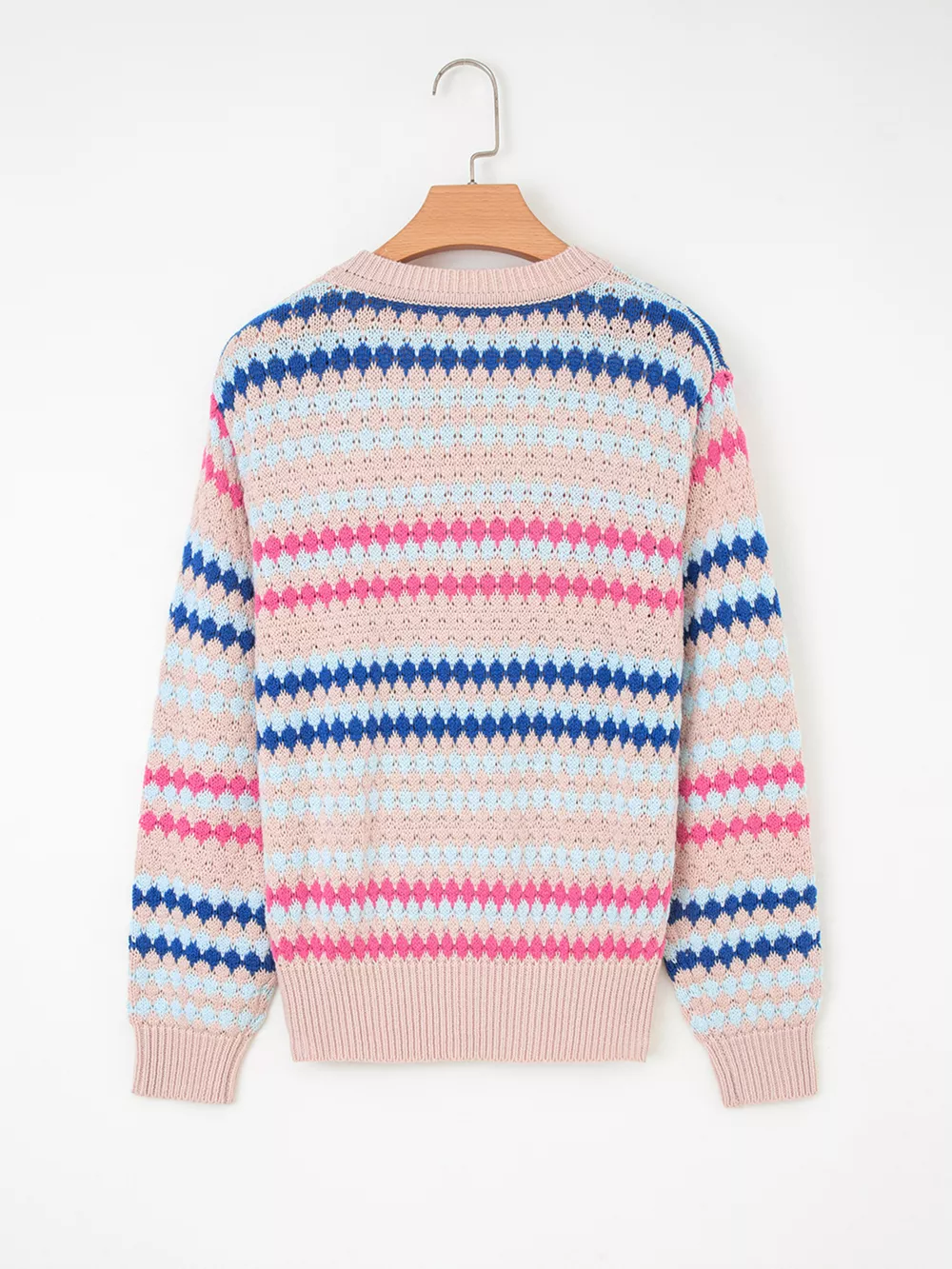 Stripe Eyelet Patterned Drop Shoulder Sweater, image 9