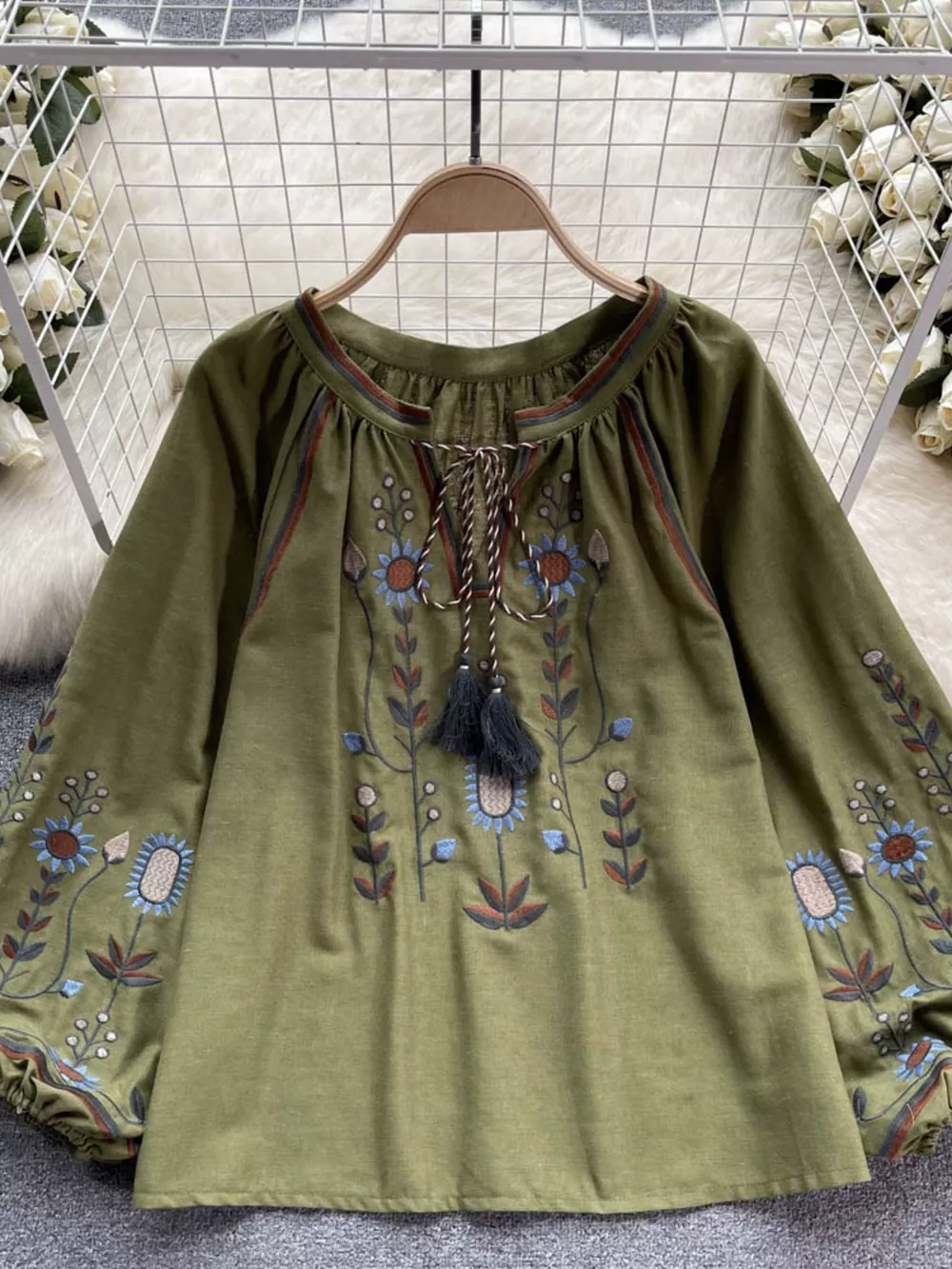 Embroidered Tie Neck Blouse, image 7