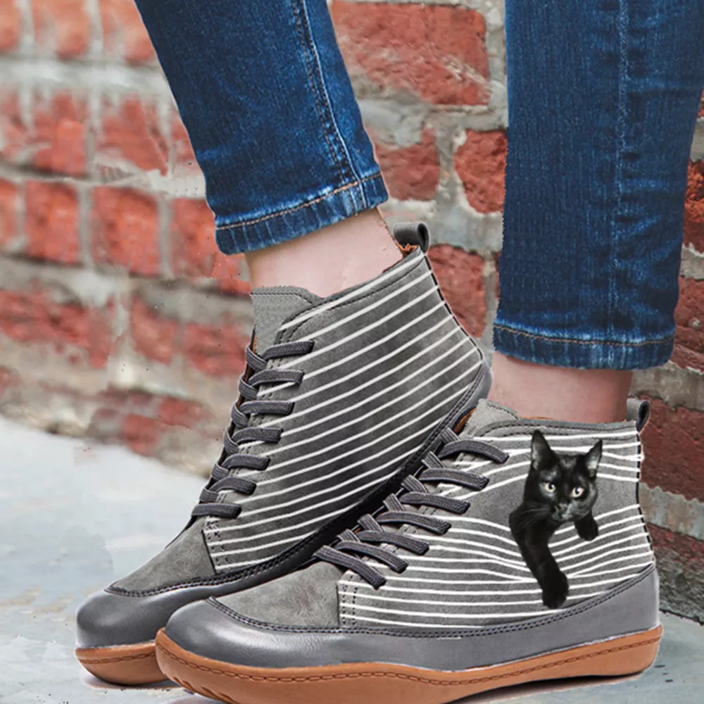Cat Print Striped Ankle Sneakers, image 2