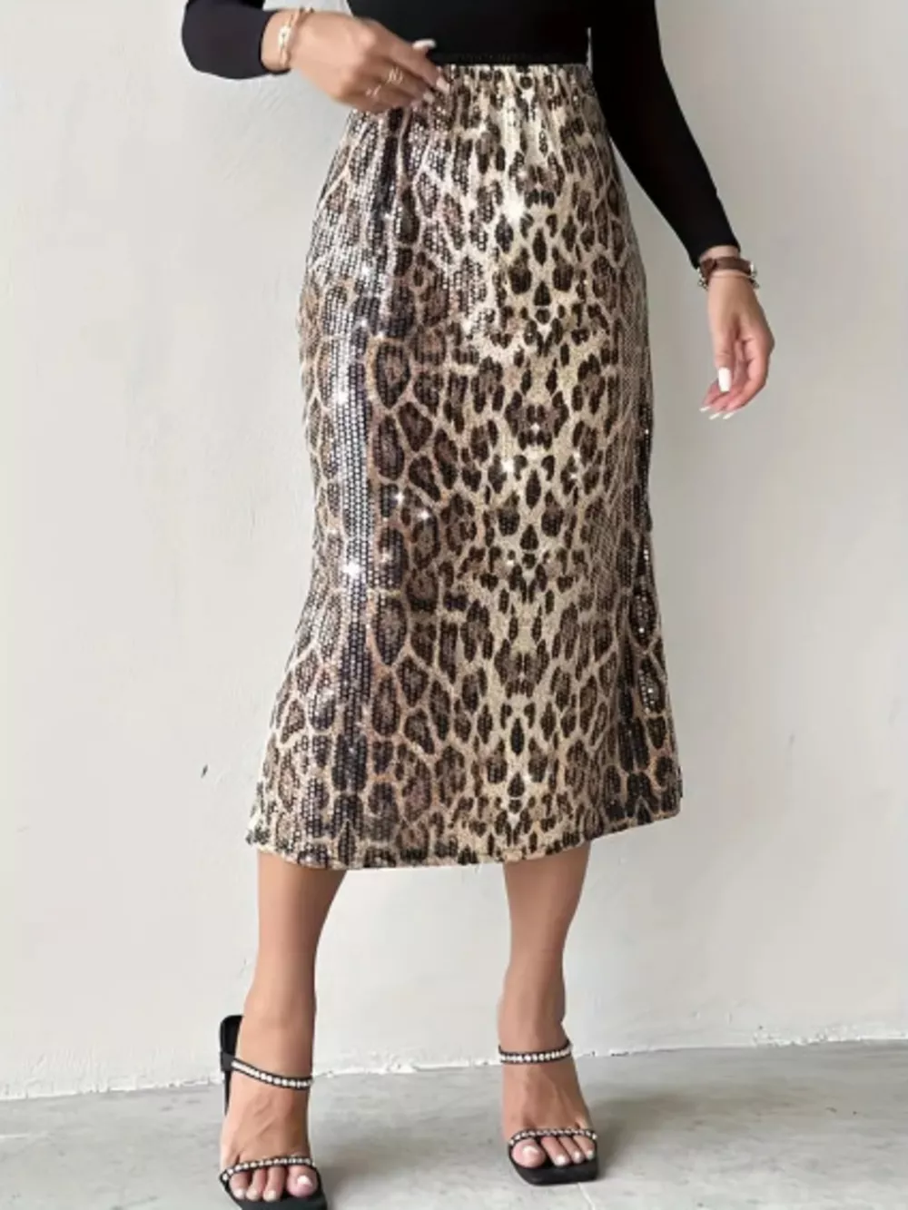 Sequin Leopard Midi Skirt