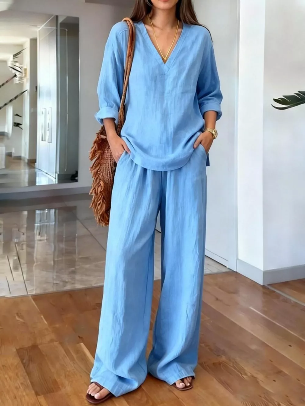 V-Neck Top and Wide-Leg Pants Set, image 7