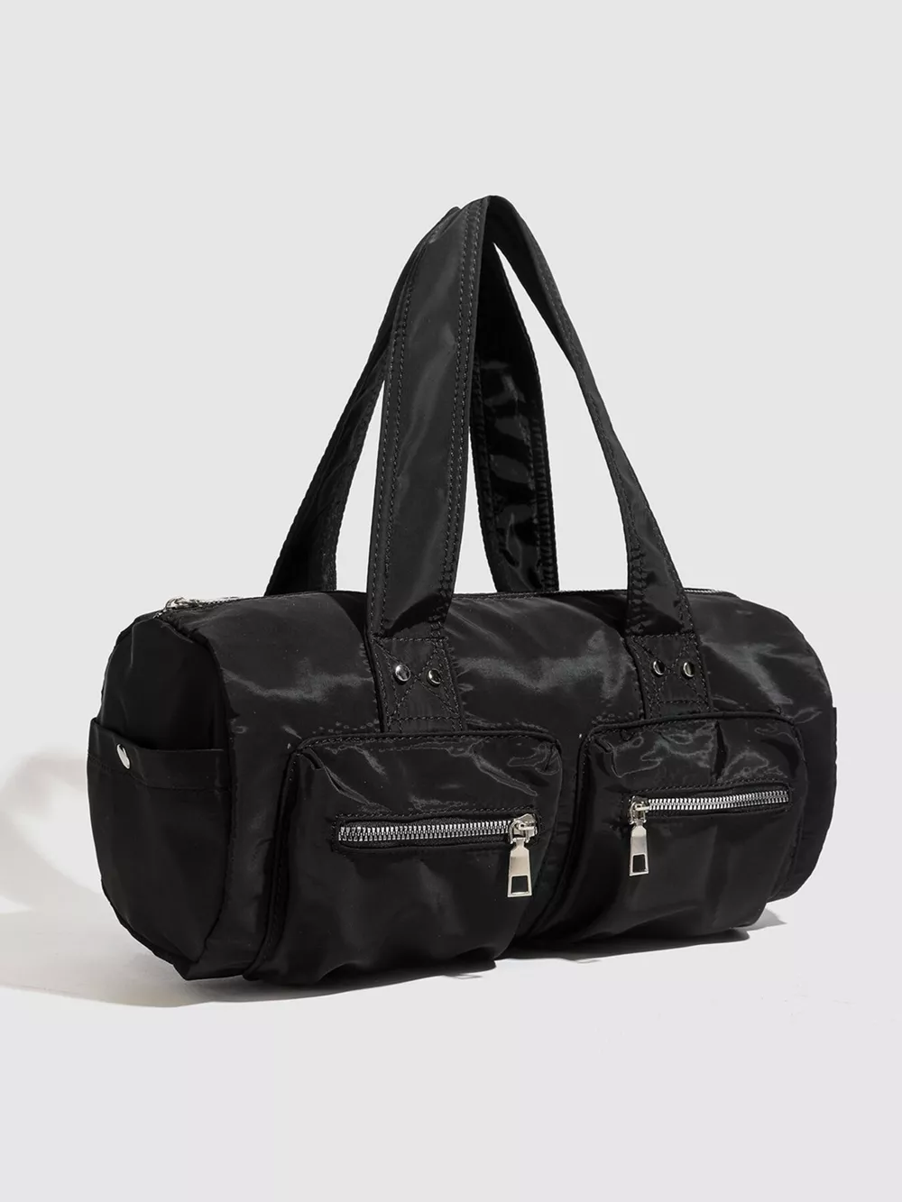 Minimalist Nylon Barrel Shoulder Bag with Multi-Pocket Utility
