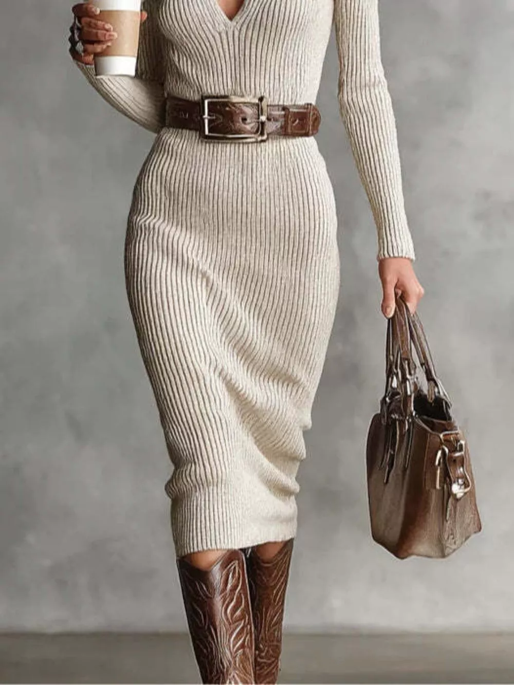 Ribbed Knit V-Neck Sweater Dress, image 11
