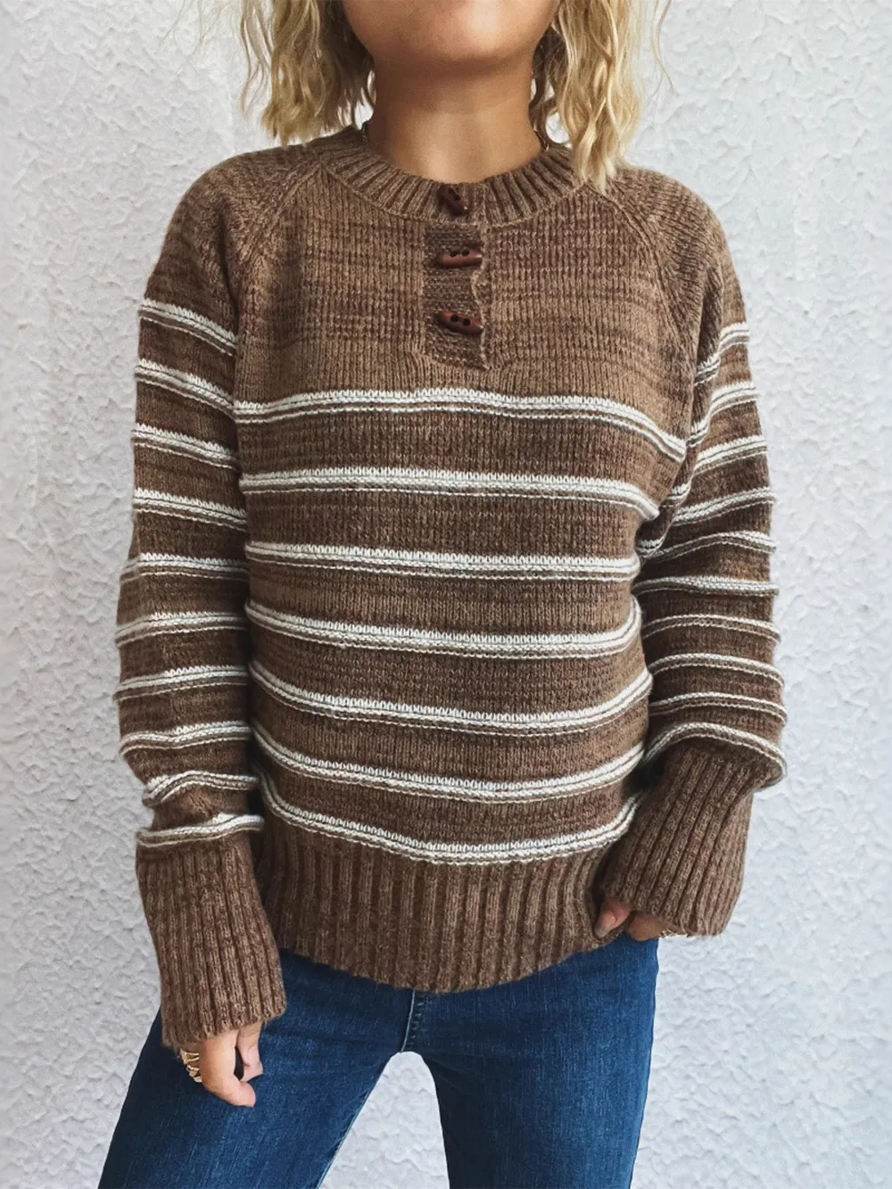 Striped Button Detail Long Sleeve Sweater, image 6