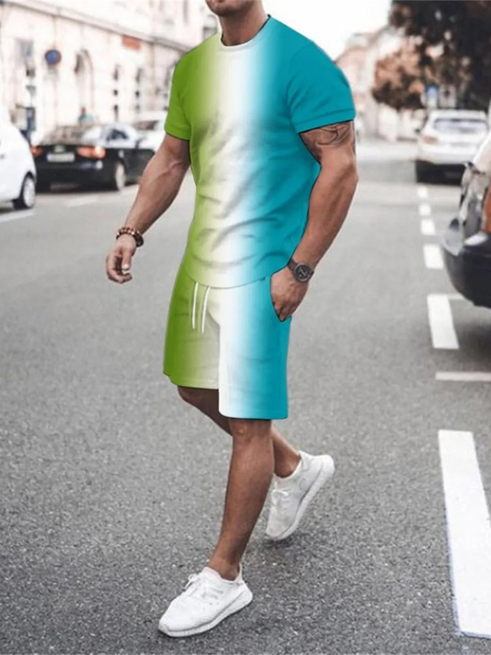 Men's Full Size Gradient Color Casual Tee and Shorts Plus Size Set, image 3