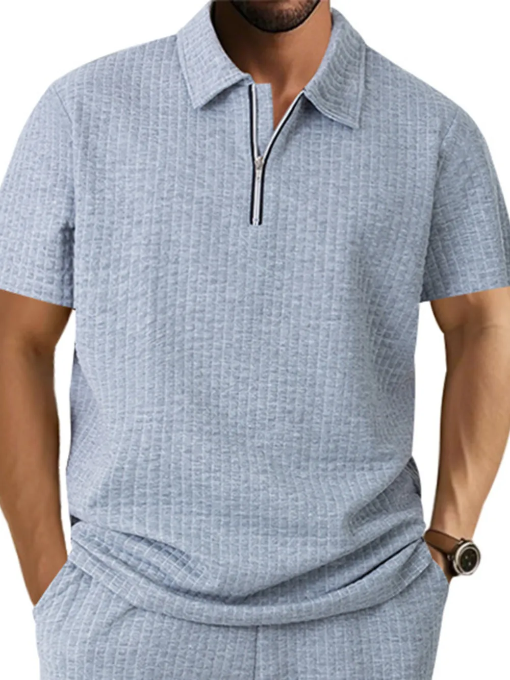 Men's Full Size Waffle Short Sleeve Polo with Zipper Detail Plus Size, image 5
