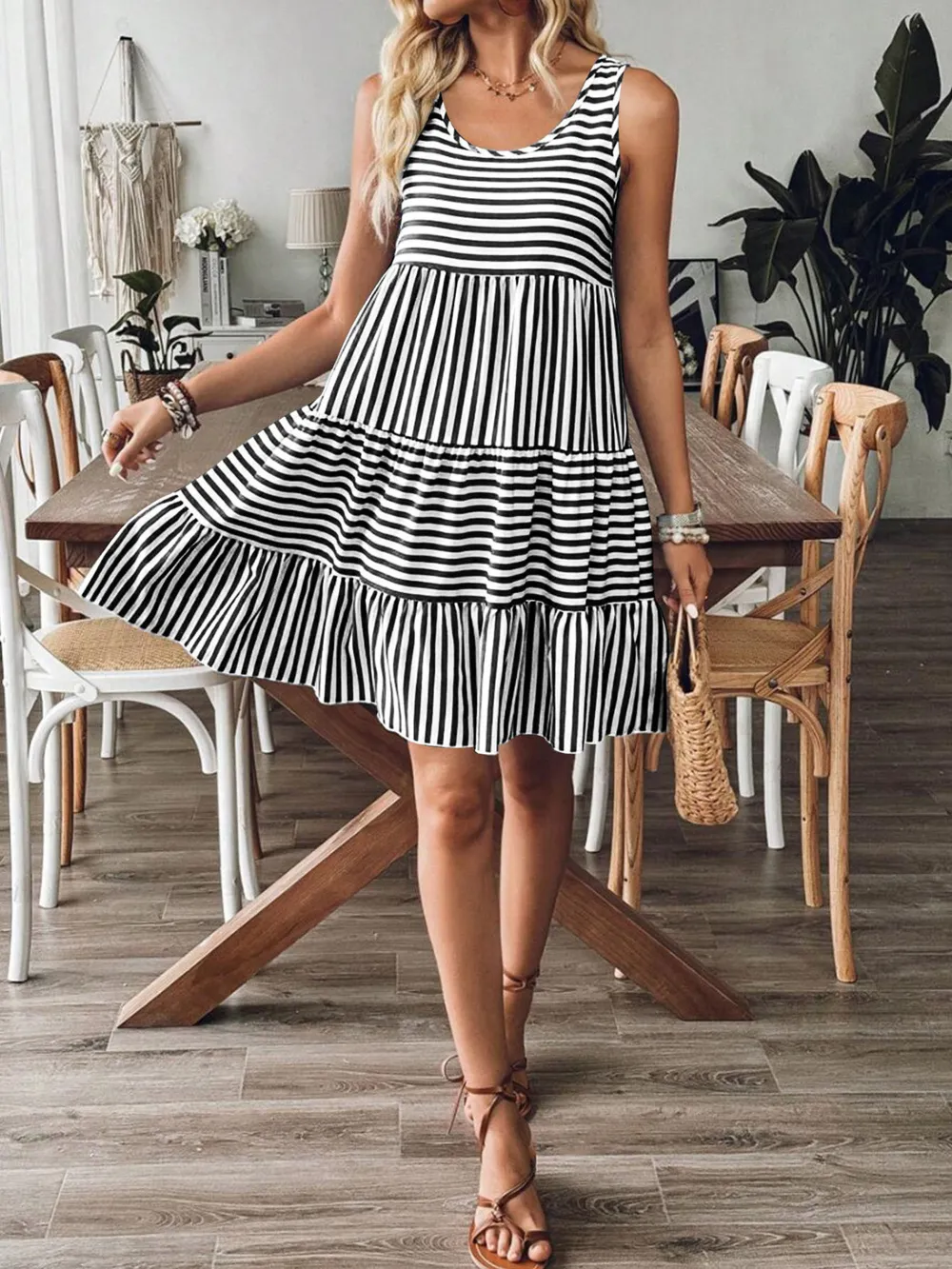 Casual Striped Tiered Ruffle Tank Dress, image 6
