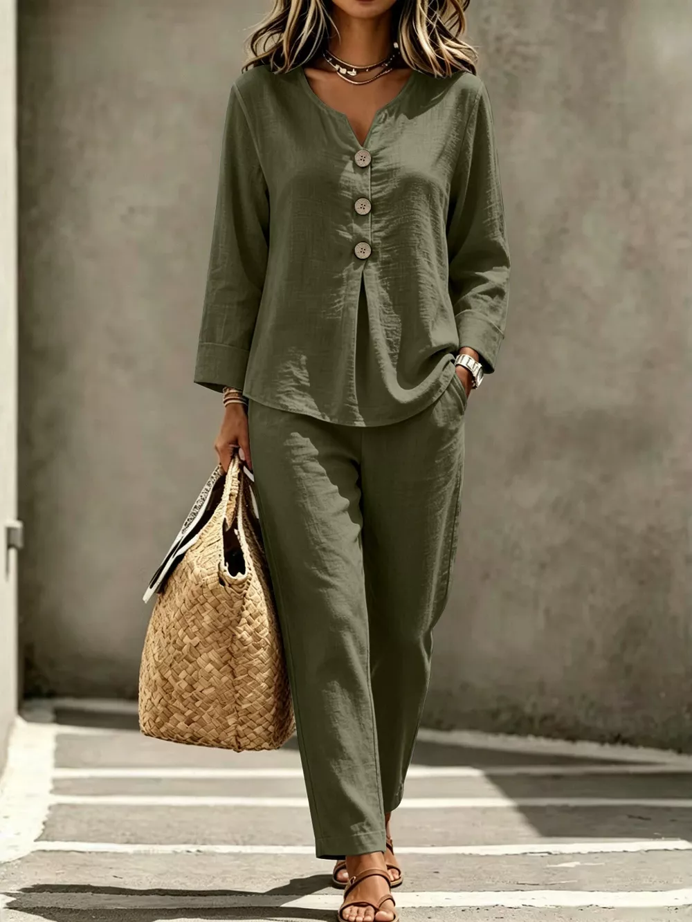 Button Detail Long Sleeve Top and Pants Set, image 6