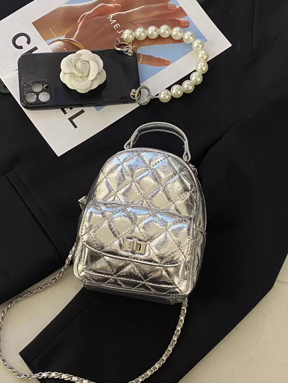 Quilted Metallic and Patent Mini Backpack Bag with Chain Strap