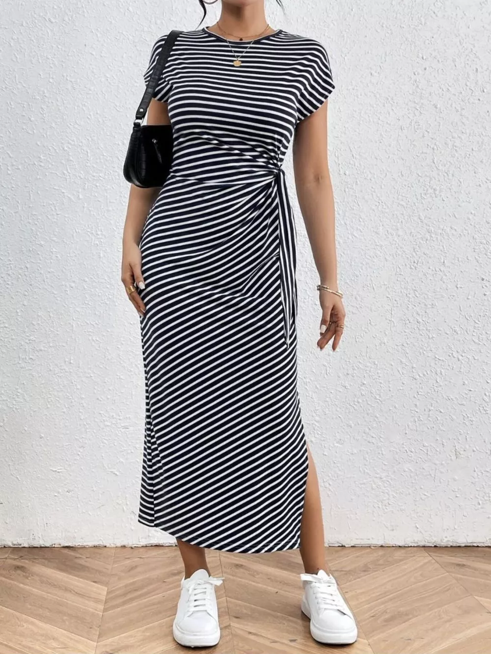 Striped Tie Side Casual Midi Dress, image 9