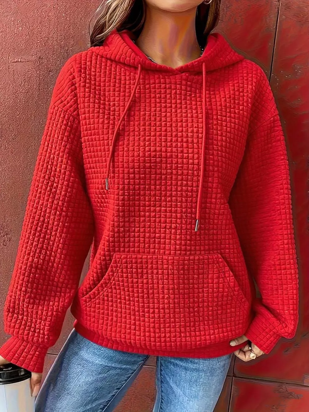 Textured Knit Drawstring Hoodie, image 7