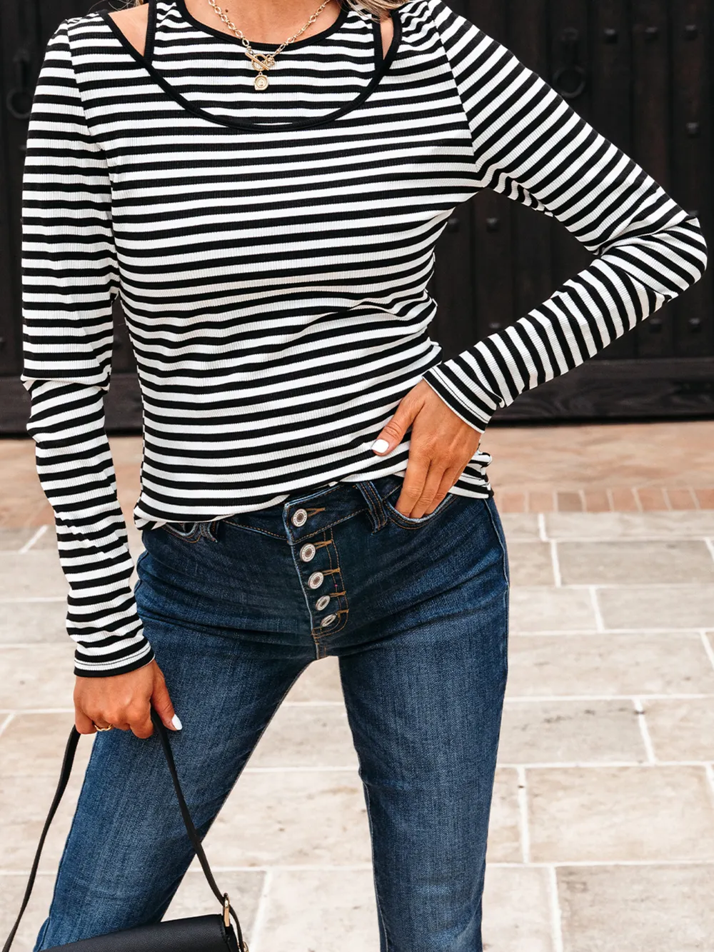 Stripe Double-layer Cold Shoulder Long Sleeve Top, image 7