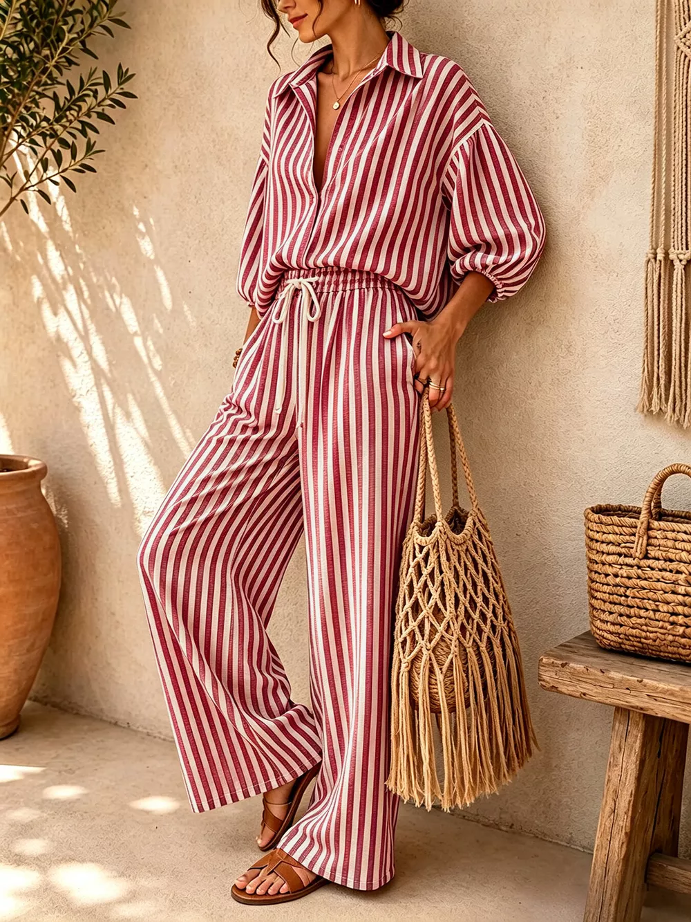 Striped Collared Shirt and Wide-Leg Drawstring Pants Set, image 10