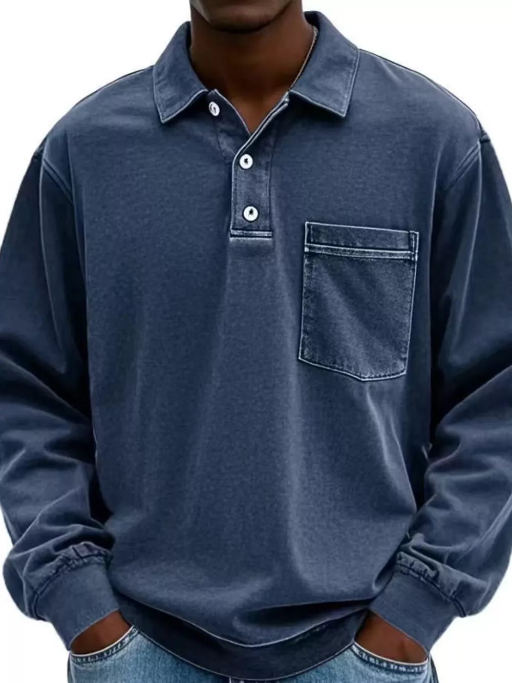 Men's Full Size Vintage Button Detail Long Sleeve Polo Plus Size, image 10