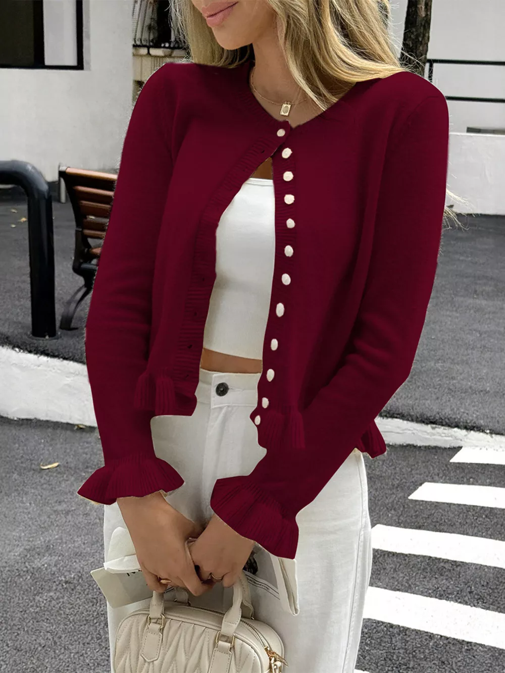 Ruffled Trim Button-Up Knit Cardigan, image 10
