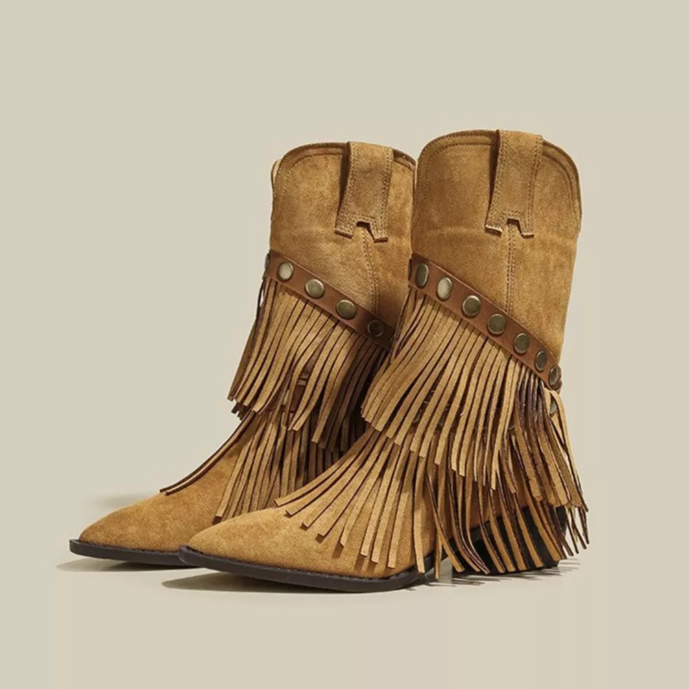 Vintage Suede Western Fringe Boots with Studded Straps, image 6