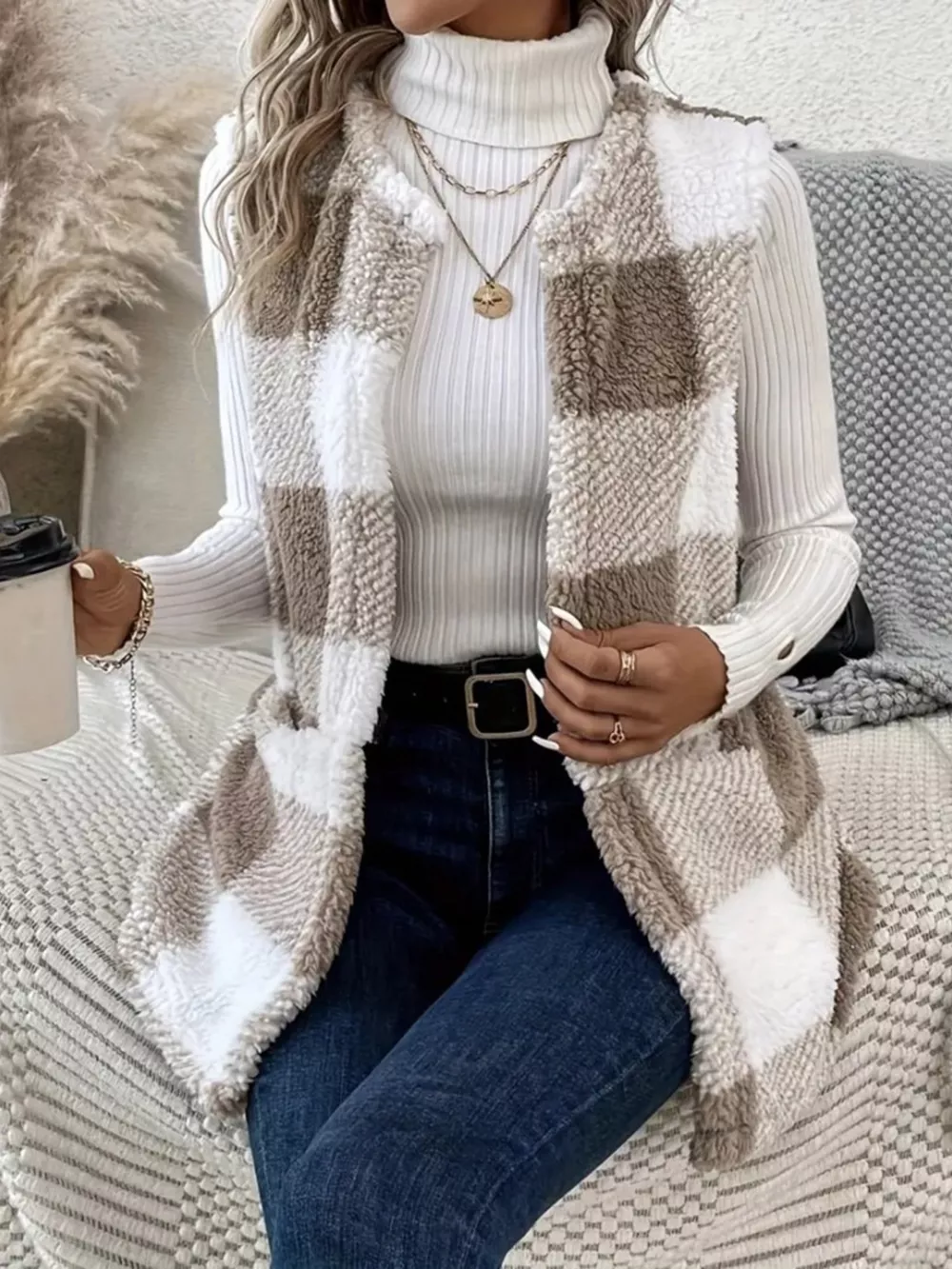 Cozy Plaid Sherpa Vest Coat, image 4