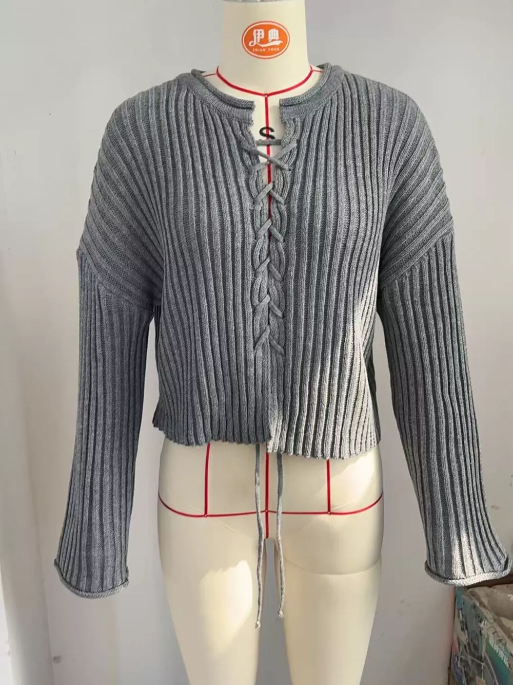 Ribbed Lace-Up Crop Sweater, image 8
