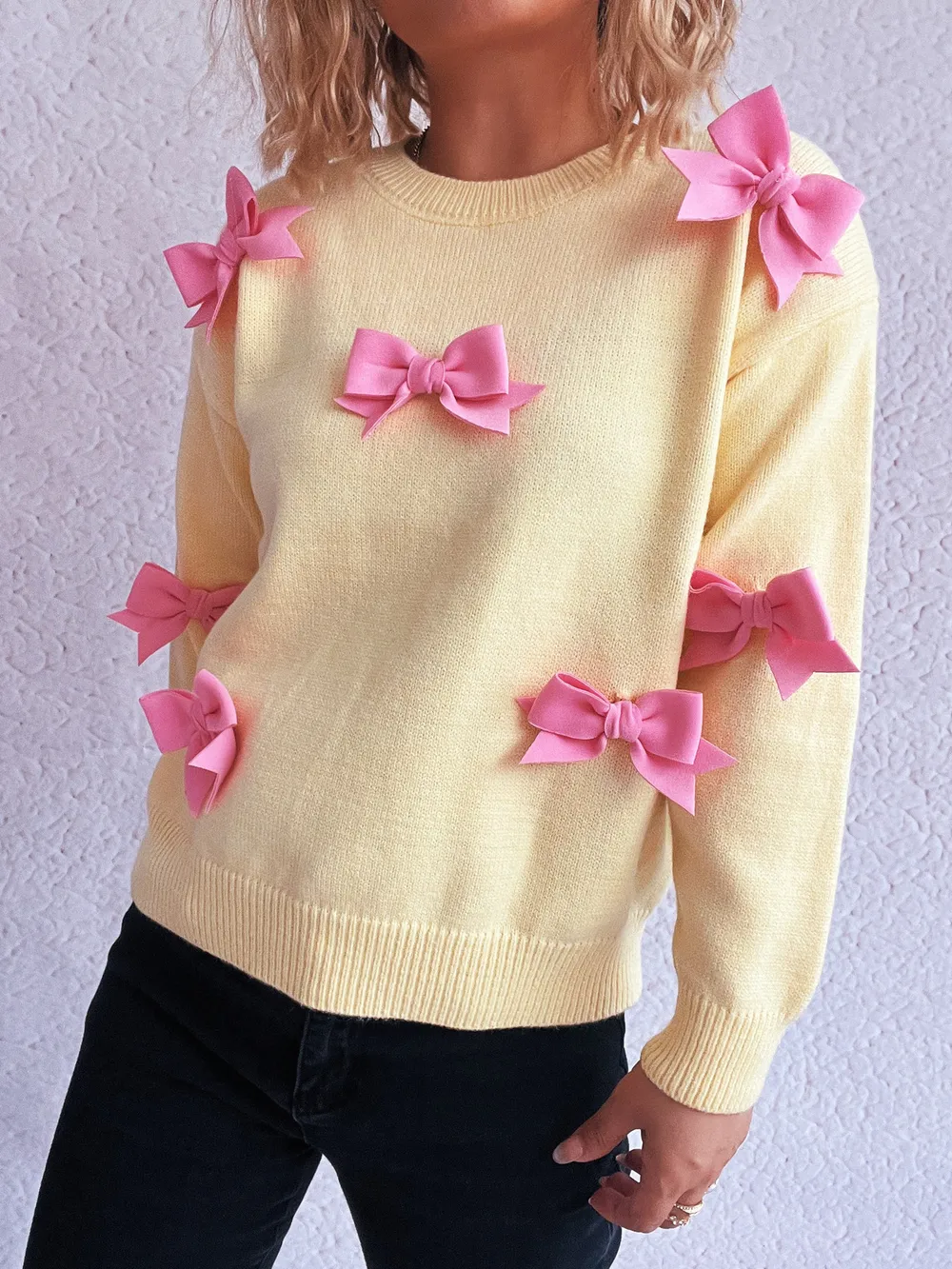 Bow Round Neck Long Sleeve Sweater, image 16