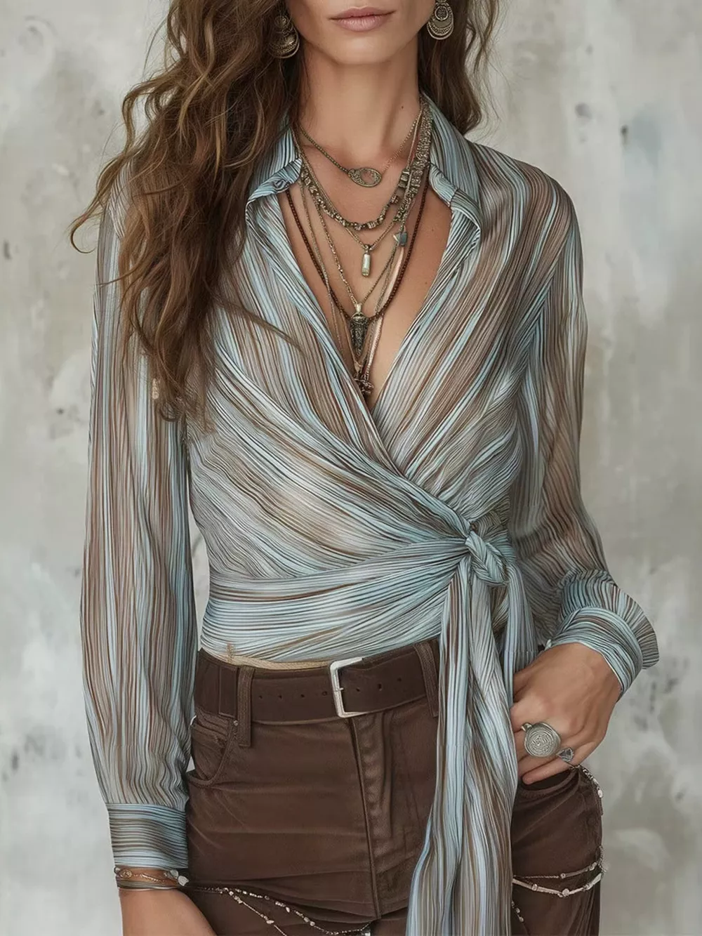 Striped Wrap Shirt with Tie-Front Detail, image 3