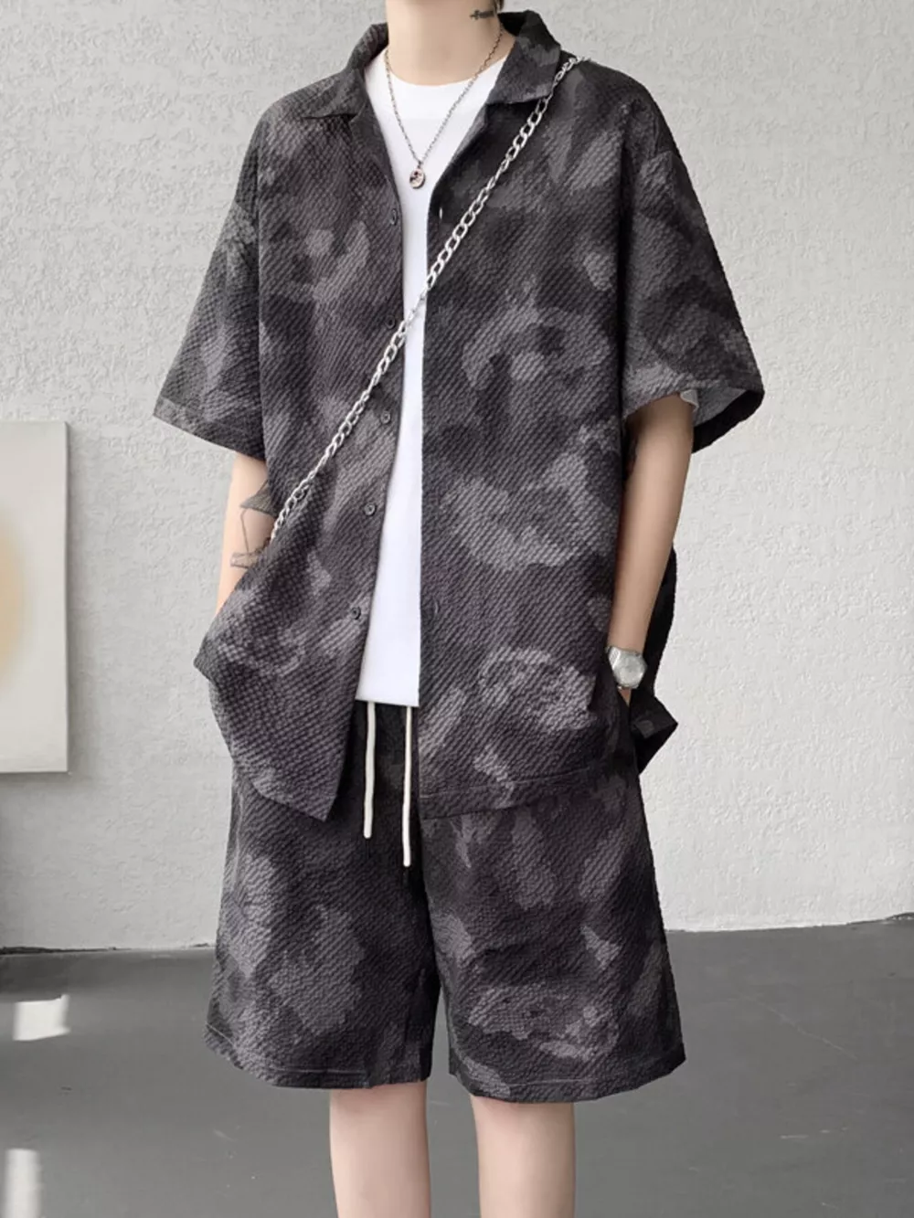 Men's Plus Size Casual Camouflage Print Shirt & Shorts Set