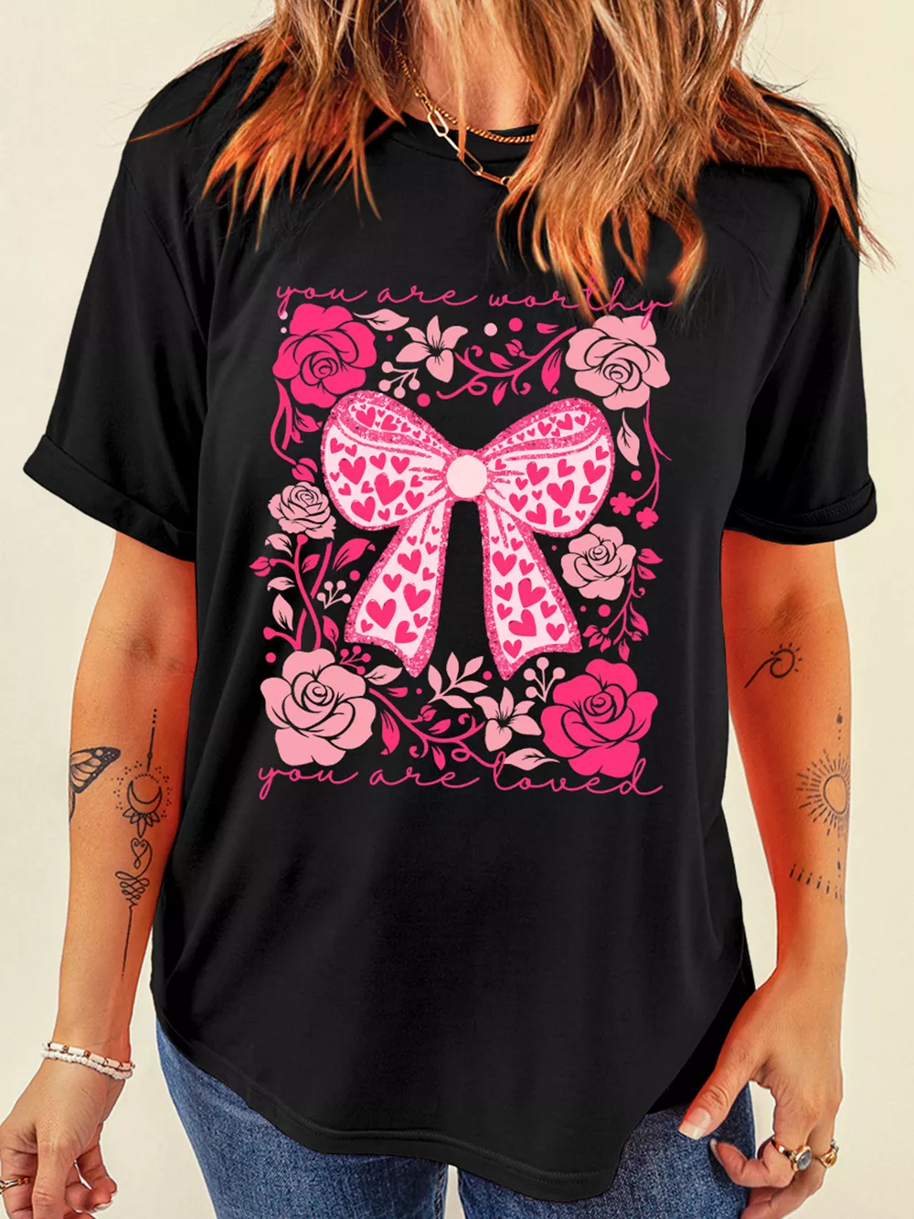 Valentines Day Slogan Floral and Bow T Shirt, image 3