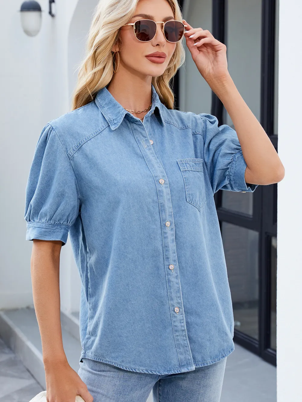 Button Up Short Sleeve Denim Shirt, image 3