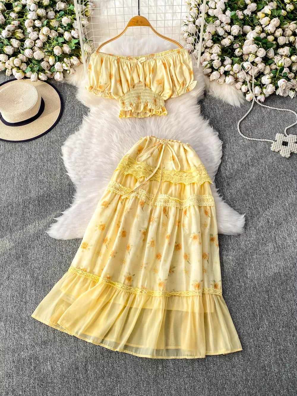 Smocked Floral Top and Skirt Set