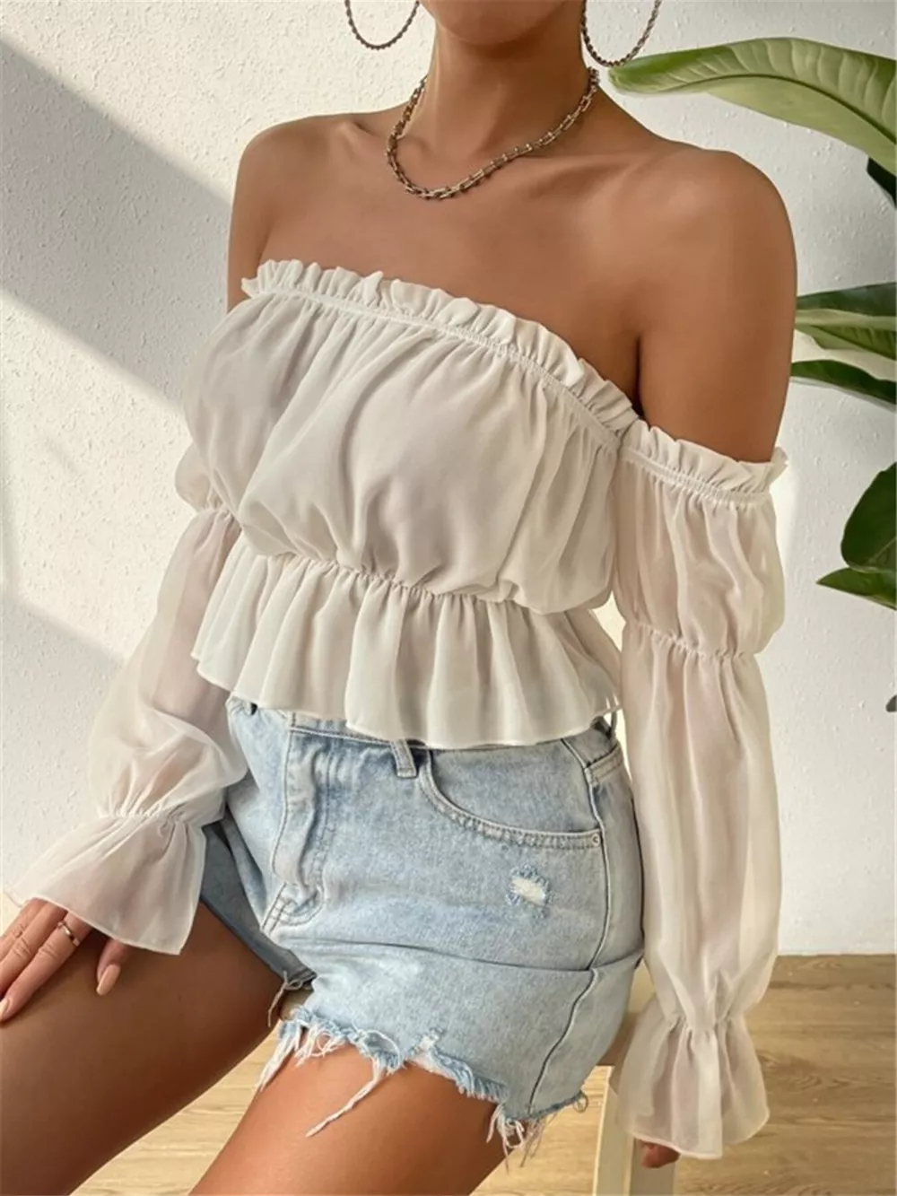 Off-Shoulder Ruffle Trim Sheer Cropped Blouse, image 11