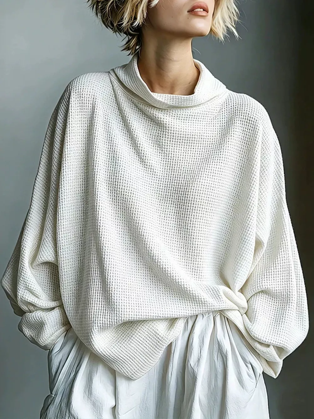 Full Size Oversized Waffle Knit Mock Neck T-Shirt Plus Size, image 3