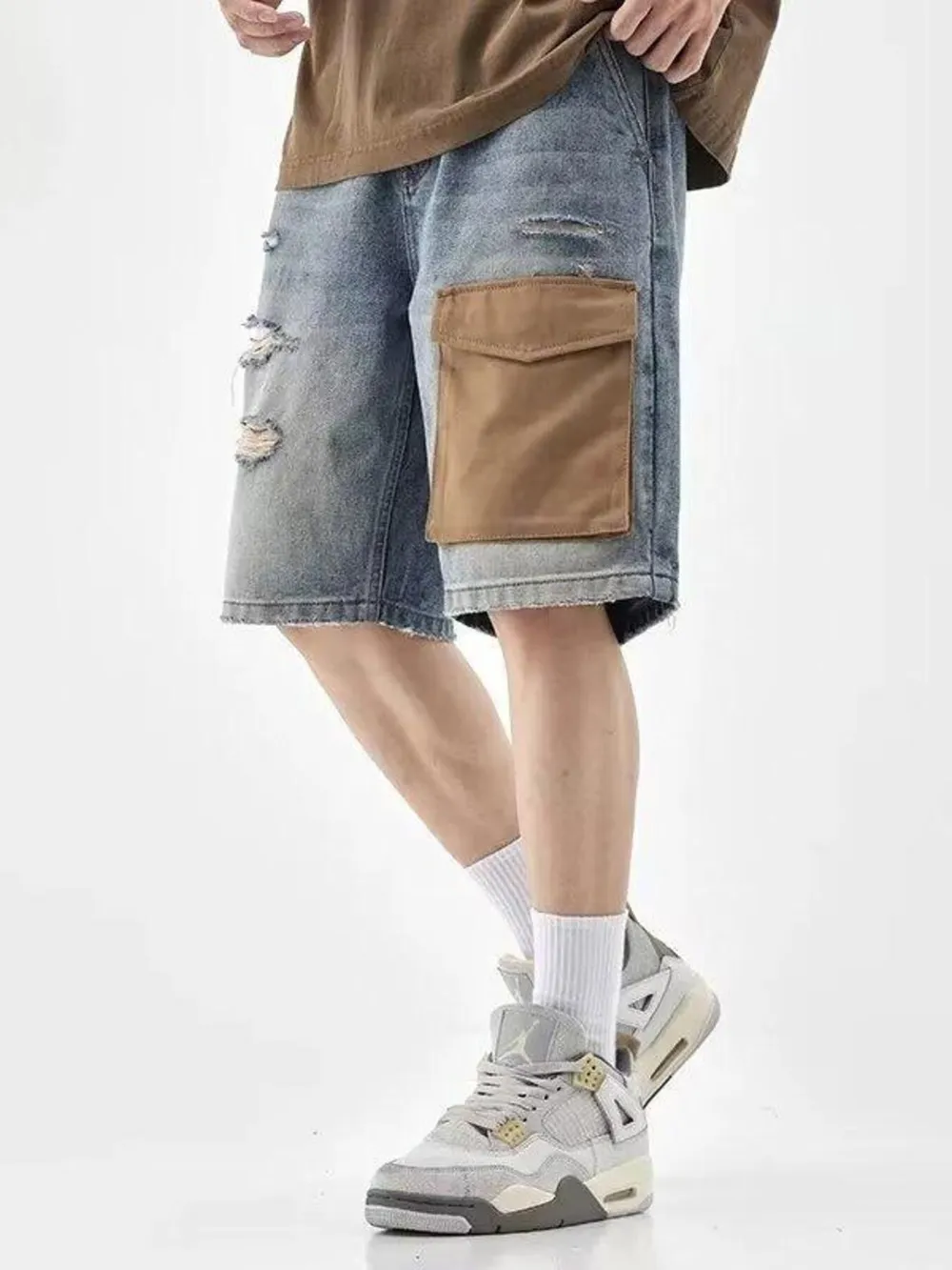 Men's Distressed Denim Shorts with Utility Pocket, image 4