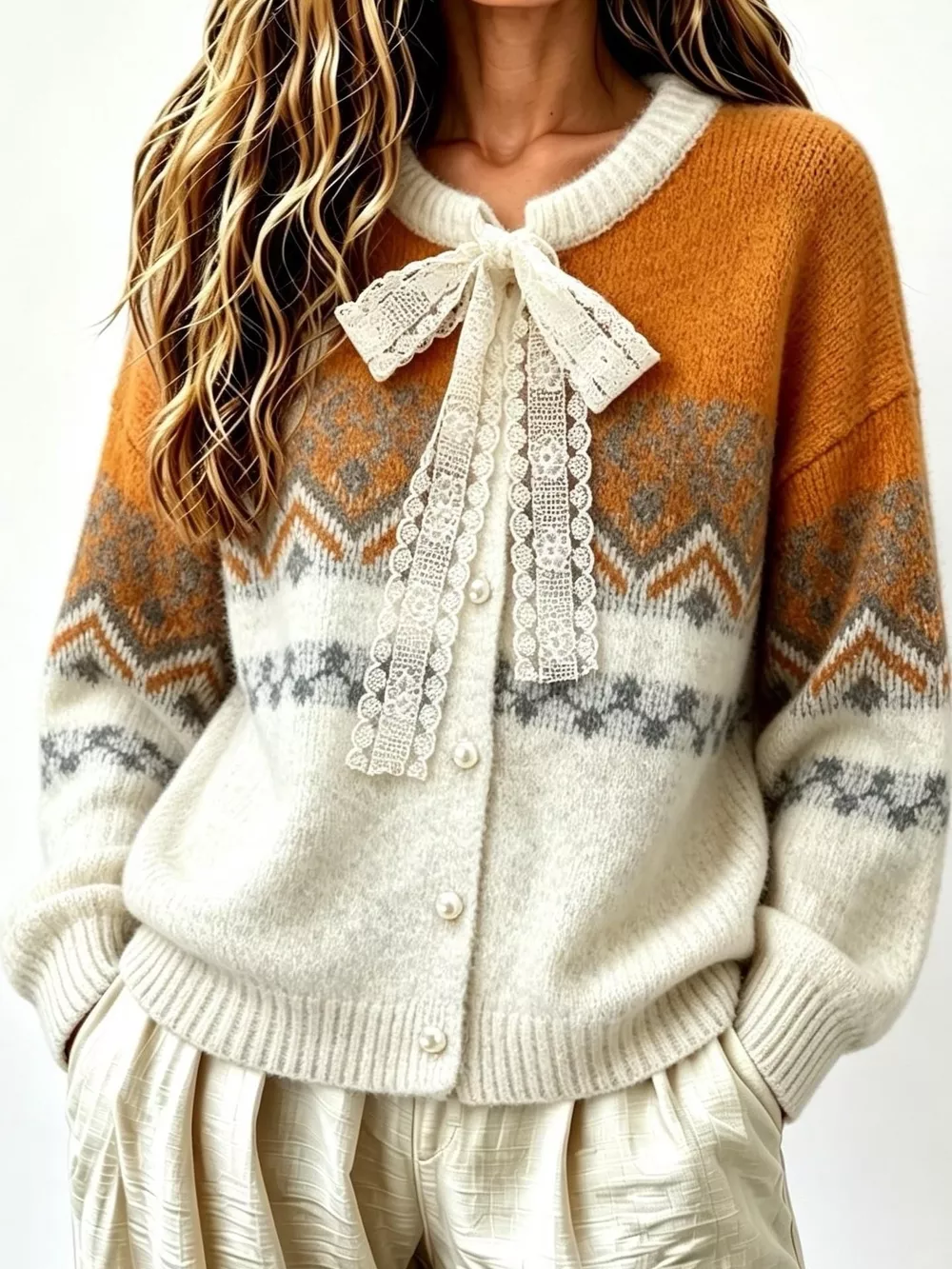 Full Size Lace Tie Button Up Cardigan Plus Size