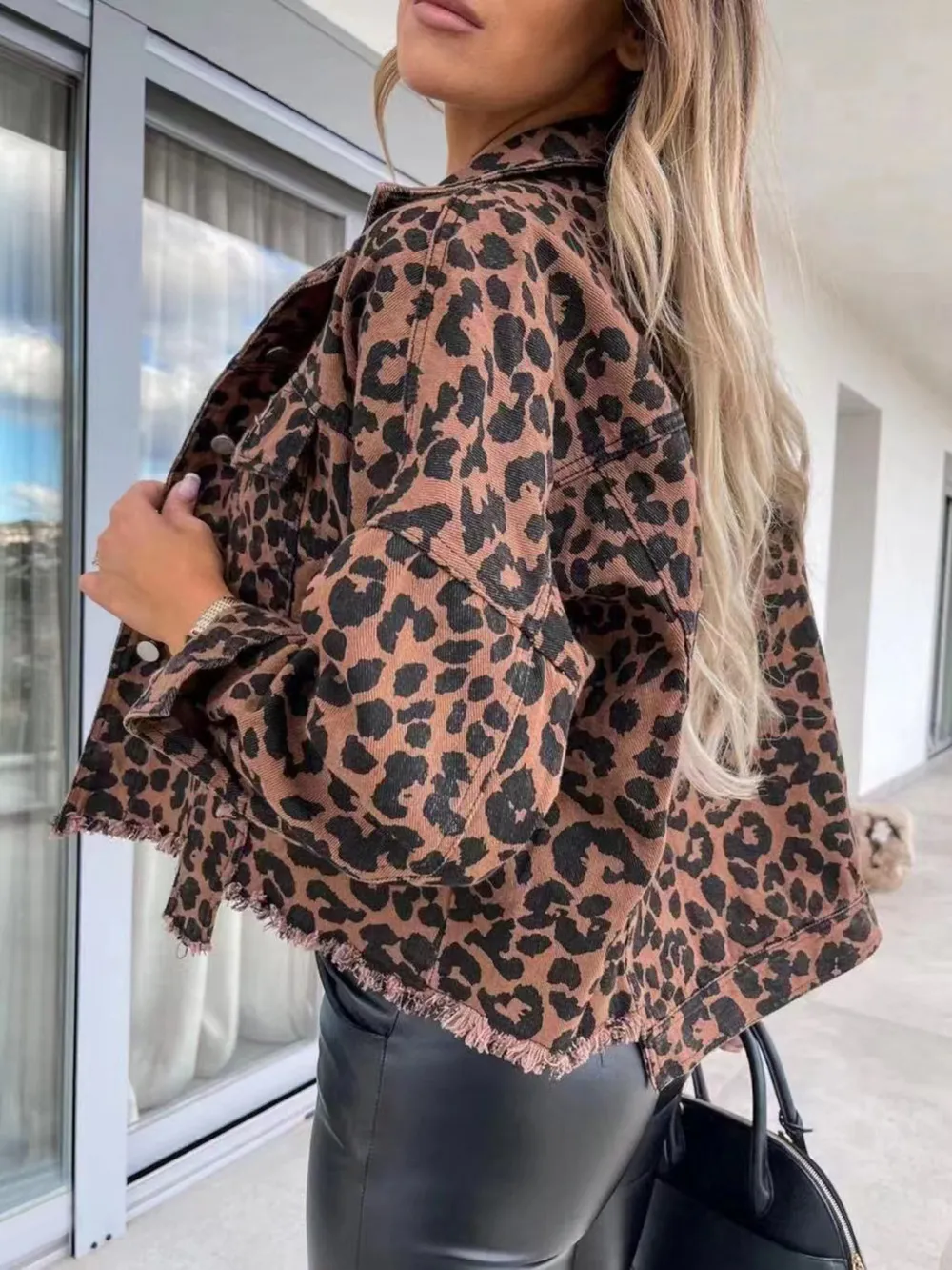 Leopard Print Raw Hem Denim Jacket, image 2