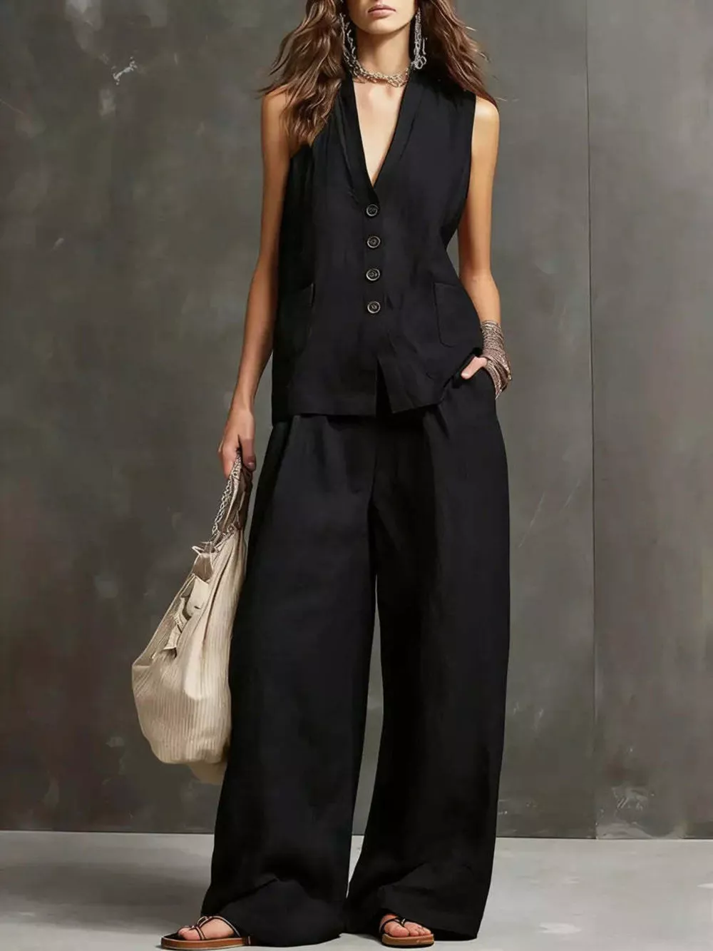 Full Size Sleeveless Vest and Wide-Leg Pants Set Plus SIze, image 7