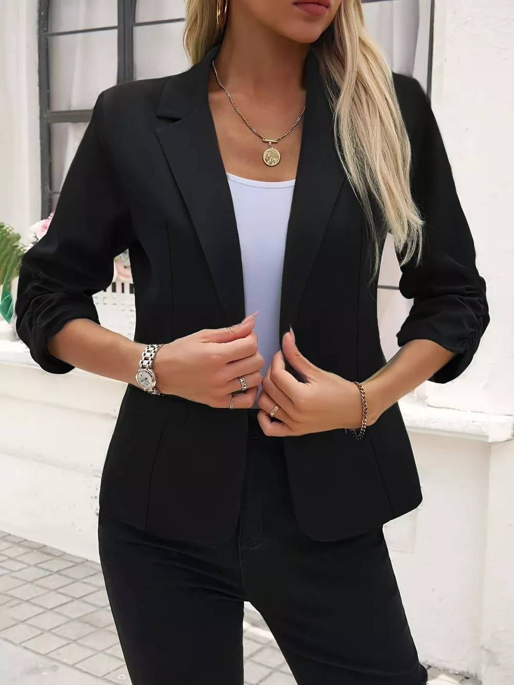 Full Size One Button Lapel Collar Blazer Plus Size, image 12