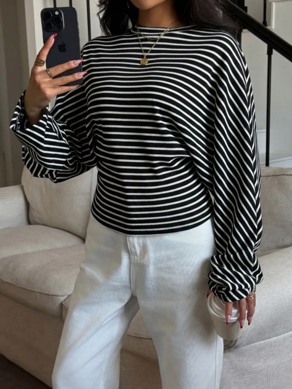 Casual Striped Long Sleeve Batwing T-Shirt, image 5